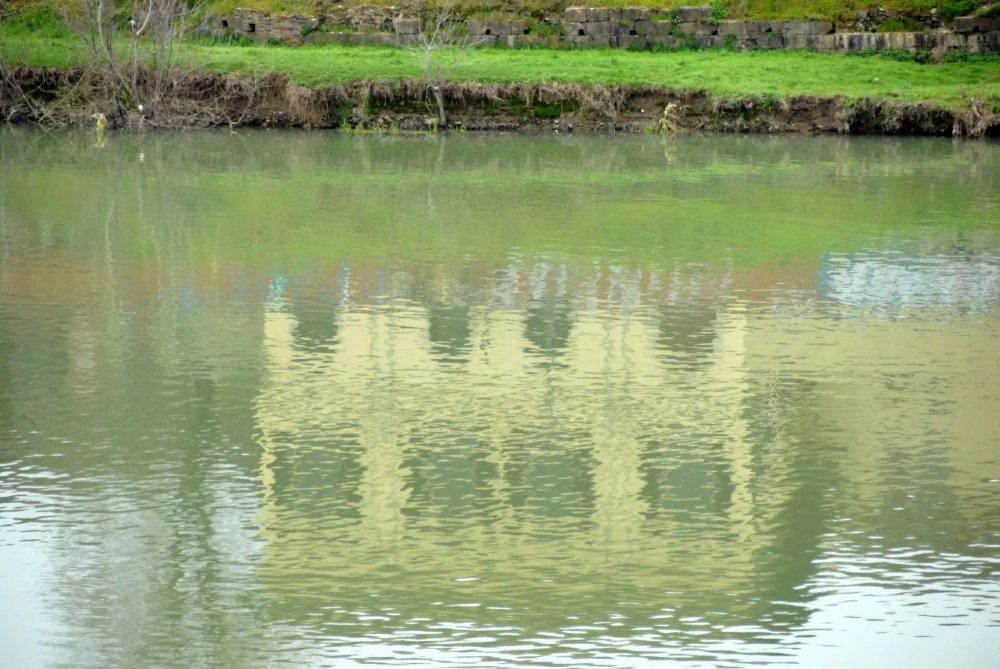 A building reflected in green water